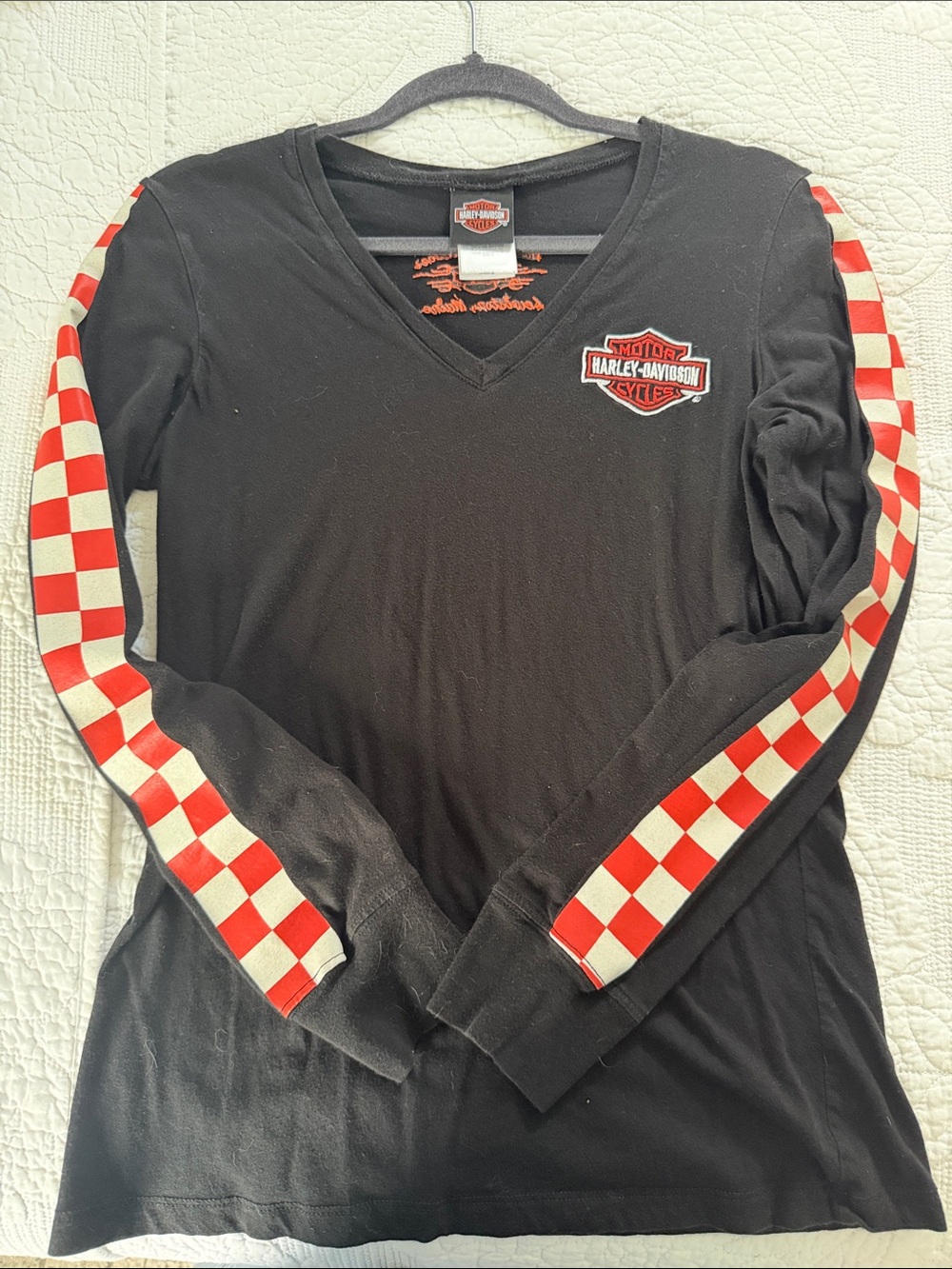 Harley-Davidson Black V-Neck Long Sleeve Top Orange and White Checker Sleeves